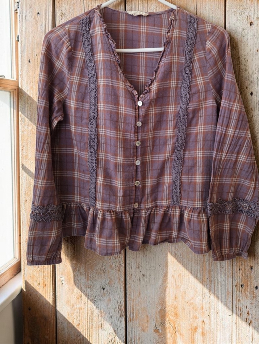 Promesa Plaid Peasant Prairie Top Burgundy Dark Lace Accent Ruffle Hemline Sz S
